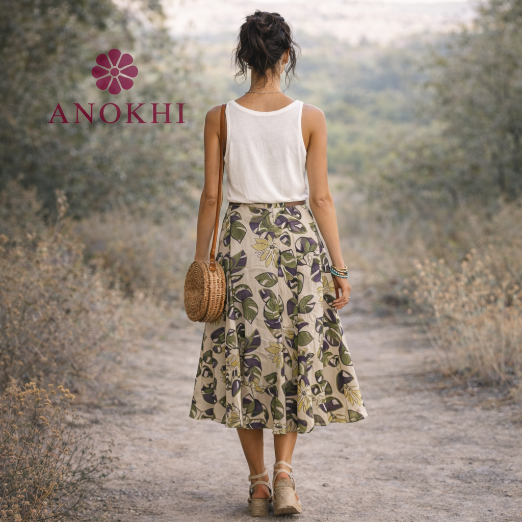 Anokhi For East Floral Tropical Leaf Indian Cotton Skirt UK 10