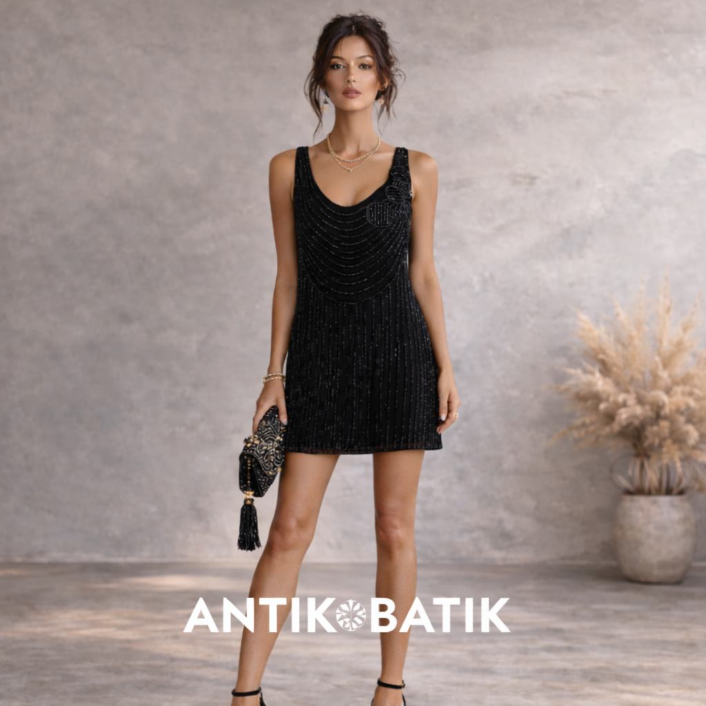Antik Batik Black Silk Beaded Long Top, Mini Dress UK 10