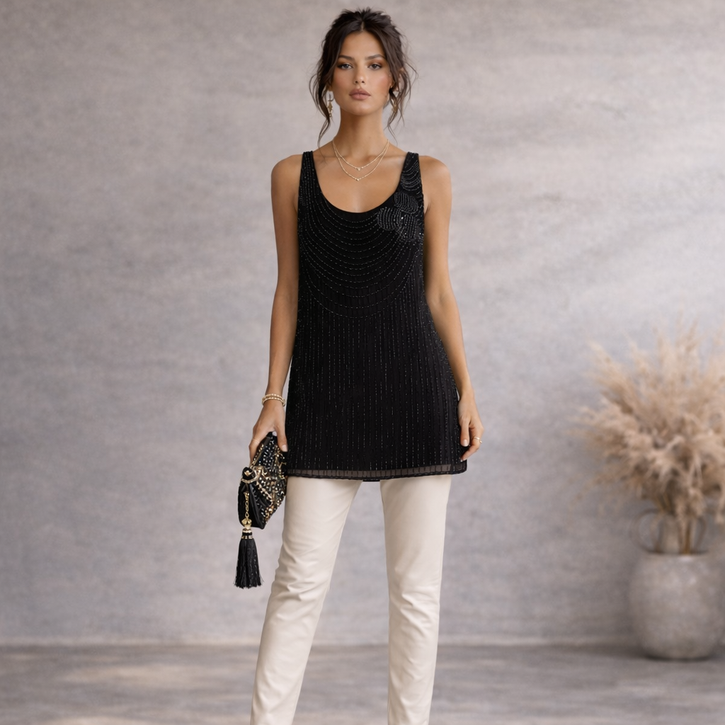 Antik Batik Black Silk Beaded Long Top, Mini Dress UK 10