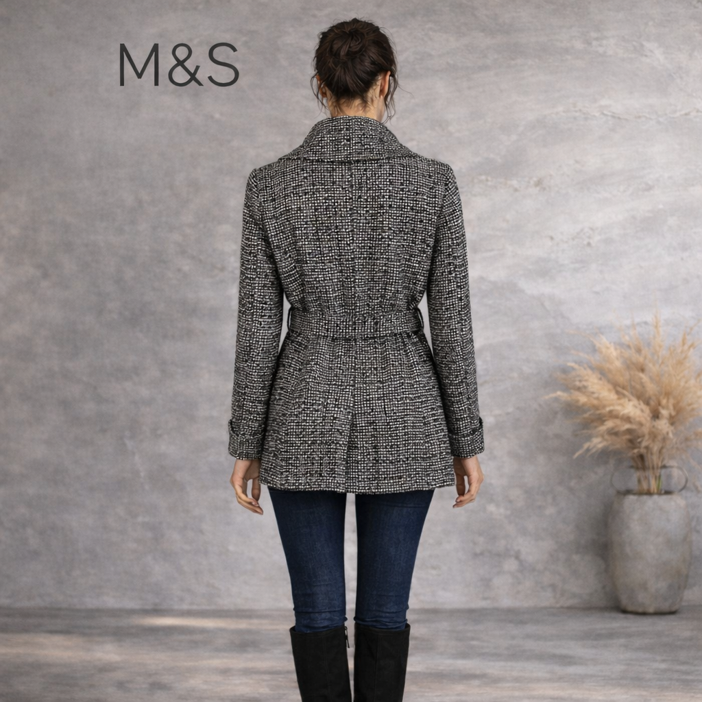 M&S Vintage Navy White Wide Collar Belted Jacket  UK 8