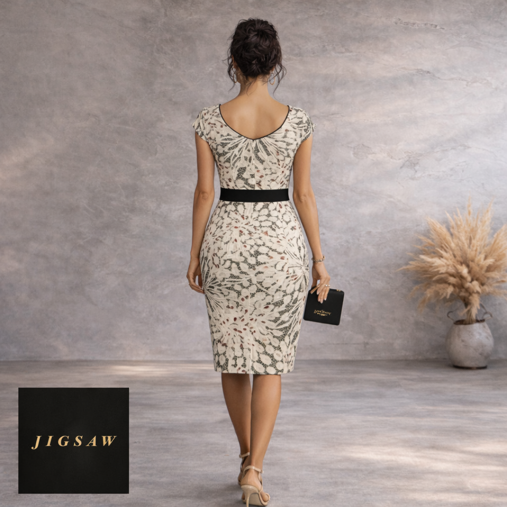 Jigsaw Ivory Gold Thread Brocade Pencil Dress UK 8