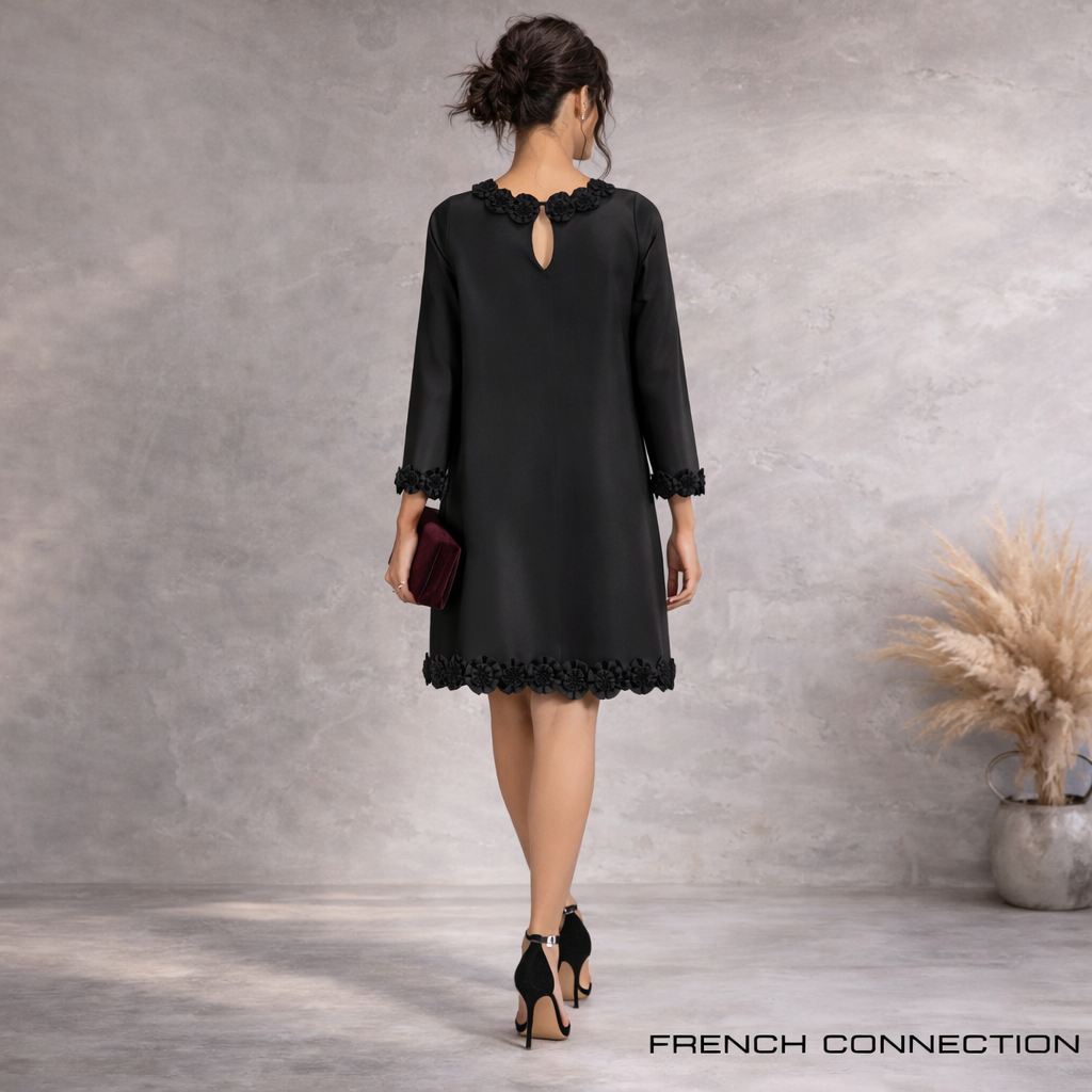 French Connection Black Silk Rosette Dress UK 8
