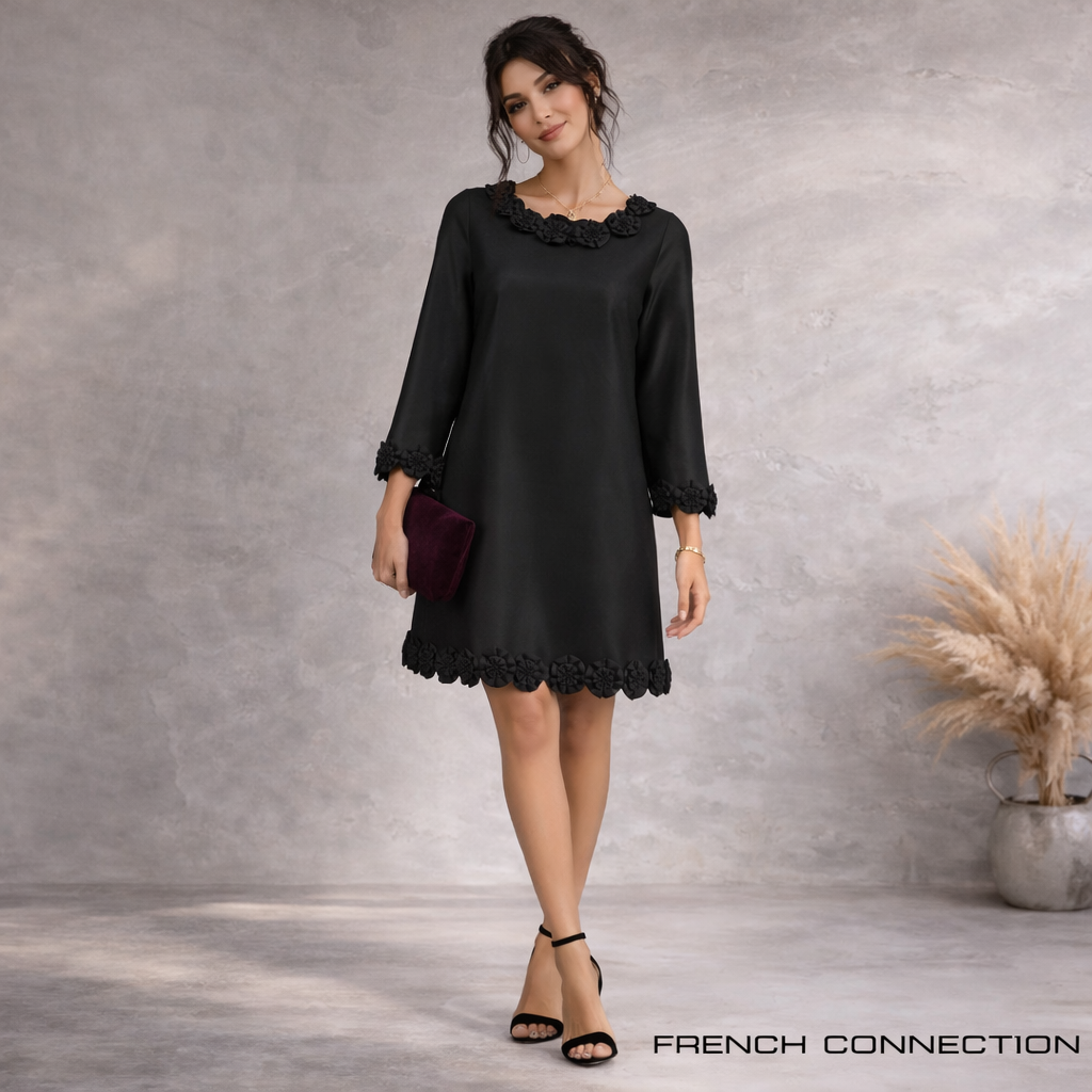 French Connection Black Silk Rosette Dress UK 8