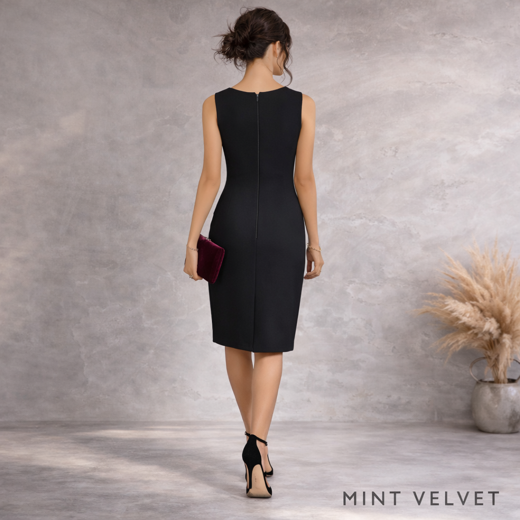Mint Velvet Black Plunge Neck Shift Midi Dress UK 8 NWT