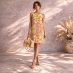 Maje Vintage Multi Linen Silk Cut Out Back Dress UK 10
