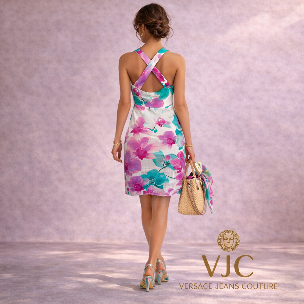 VJC Versace Multi Coloured Crossover Back Jersey Dress UK 14