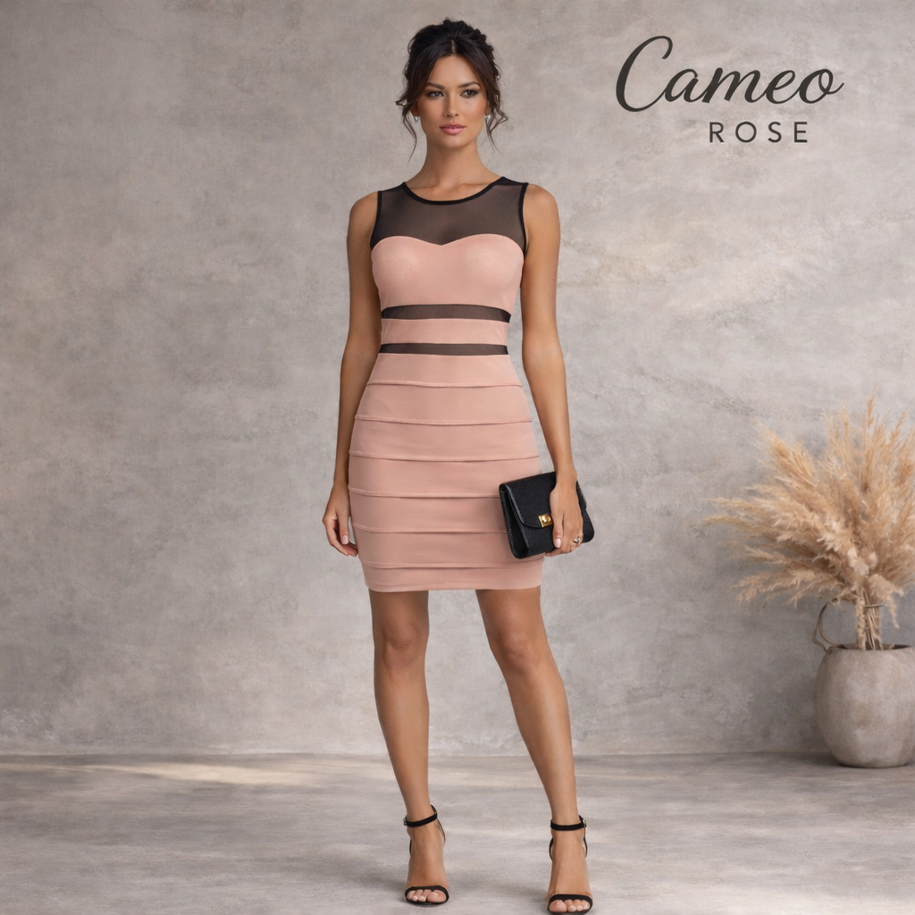 Cameo Rose Peach Black Mesh Insert Dress UK 8