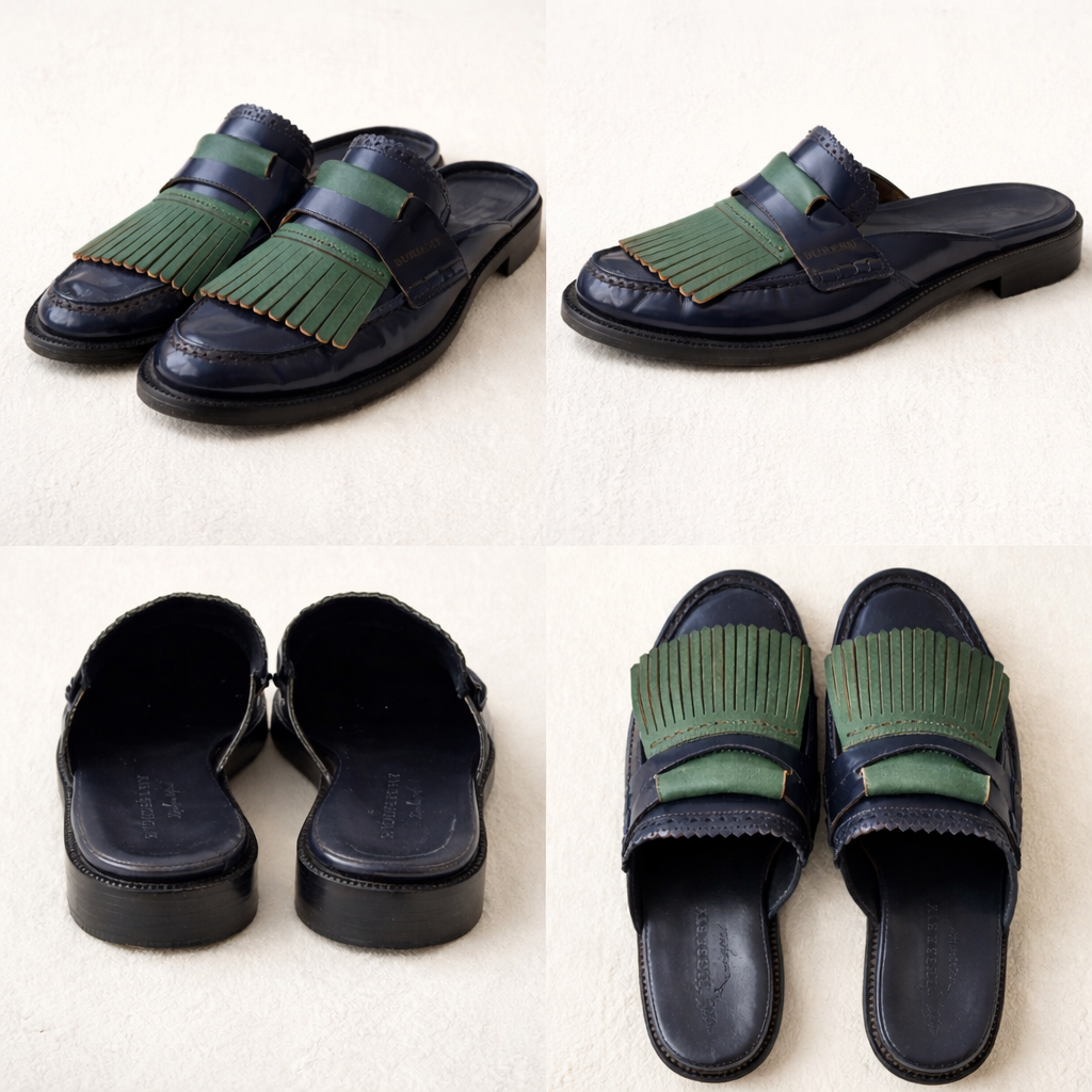 Burberry London Beckshell Navy Green Patent Leather Fringe Loafer Mules UK 4