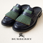 Burberry London Beckshell Navy Green Patent Leather Fringe Loafer Mules UK 4