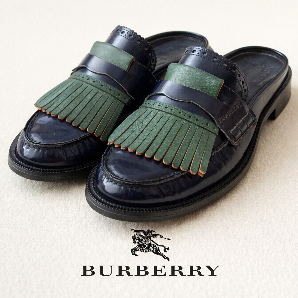 Burberry London Beckshell Navy Green Patent Leather Fringe Loafer Mules UK 4