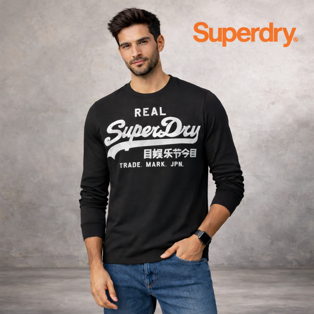 Superdry Long-Sleeve Black Cotton Logo T-Shirt Size L