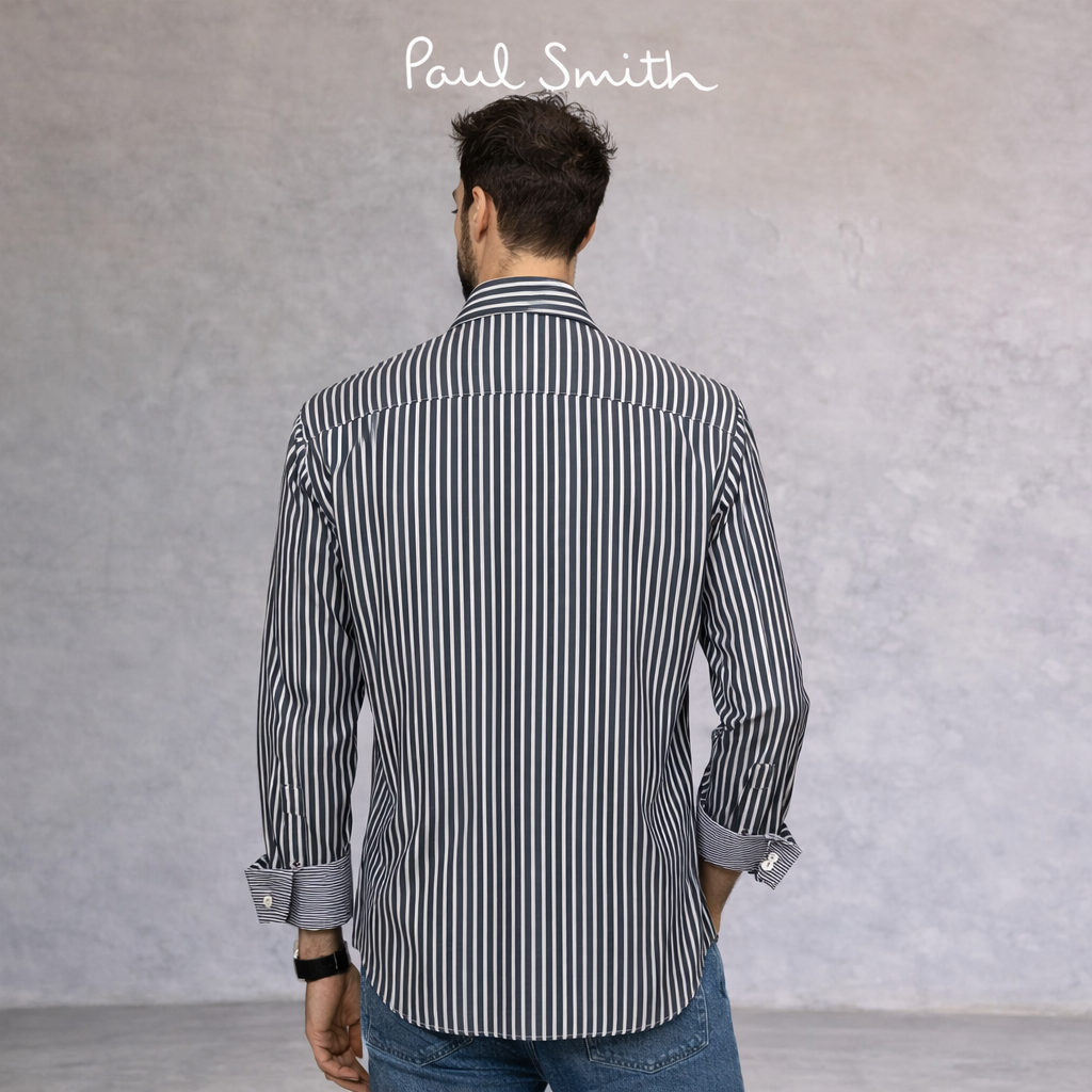 Paul Smith Blue & White Striped Double Cuff Shirt Size M