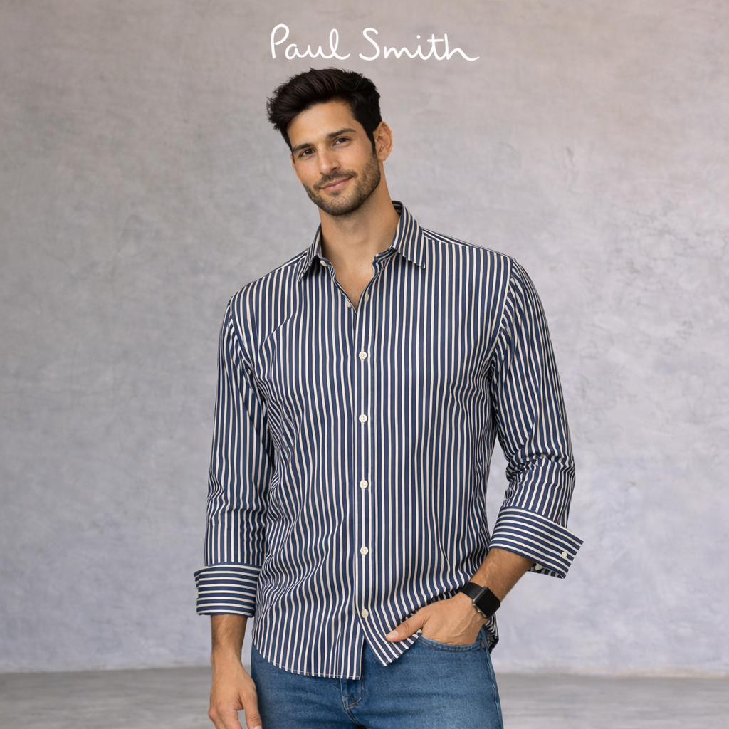 Paul Smith Blue & White Striped Double Cuff Shirt Size M