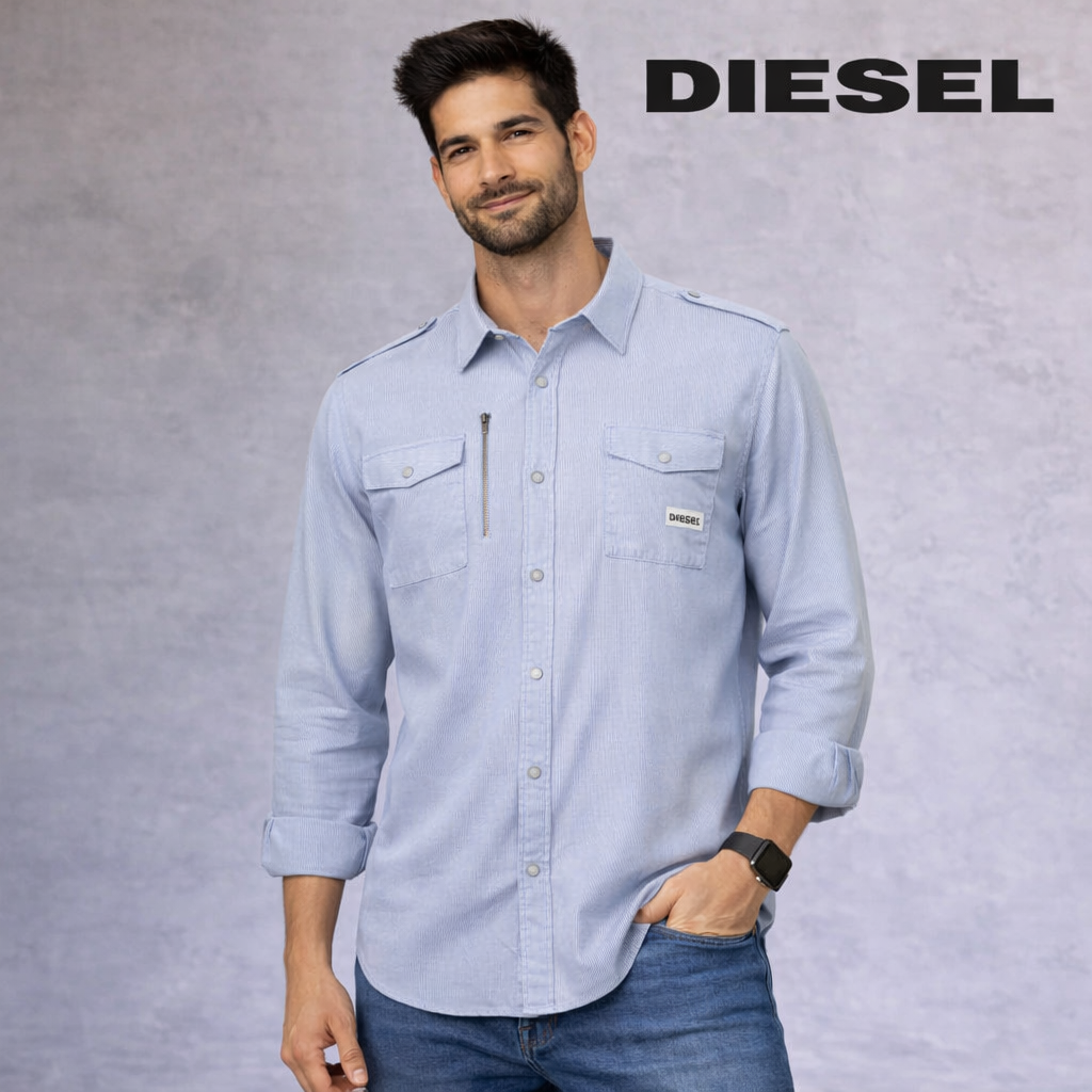 Diesel Very Pale Blue & White Striped Casual Shirt Size L