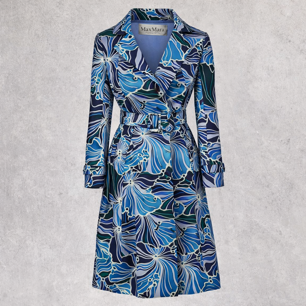 Max Mara Blue Floral Wool Belted Trench Coat UK 14
