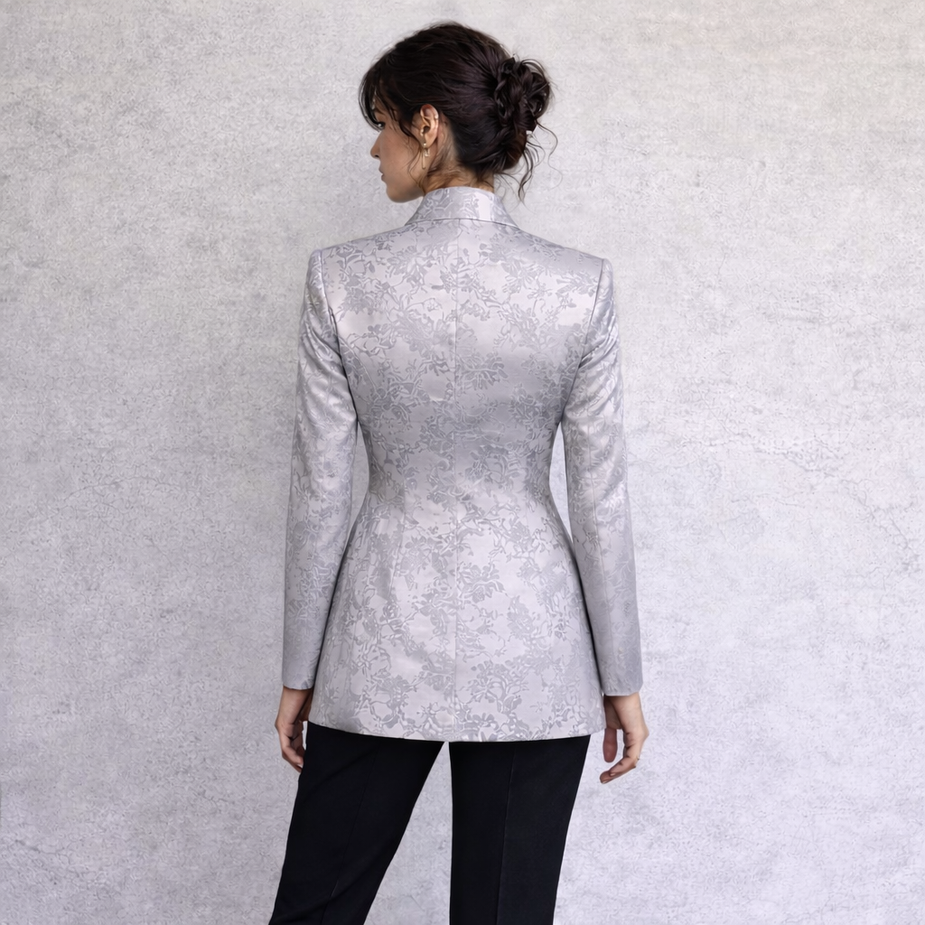 Tomasz Starzewski Vintage Silver Jacquard Longline Jacket UK 14