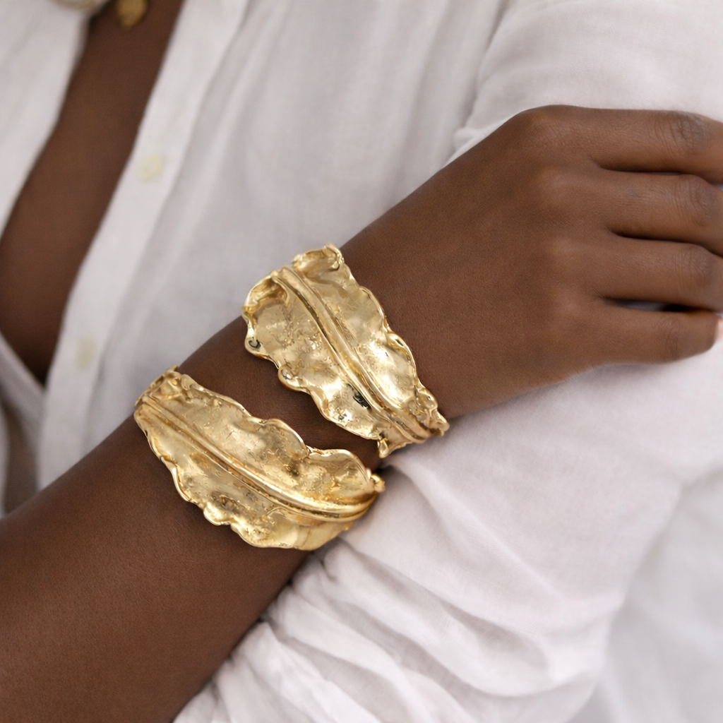 Statement Artistic Gold Textured Leaf Cuff Bracelet