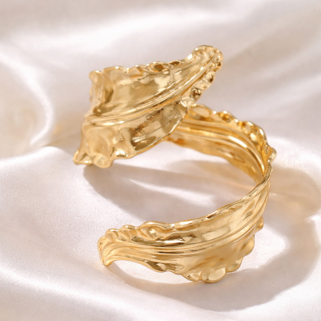 Statement Artistic Gold Textured Leaf Cuff Bracelet