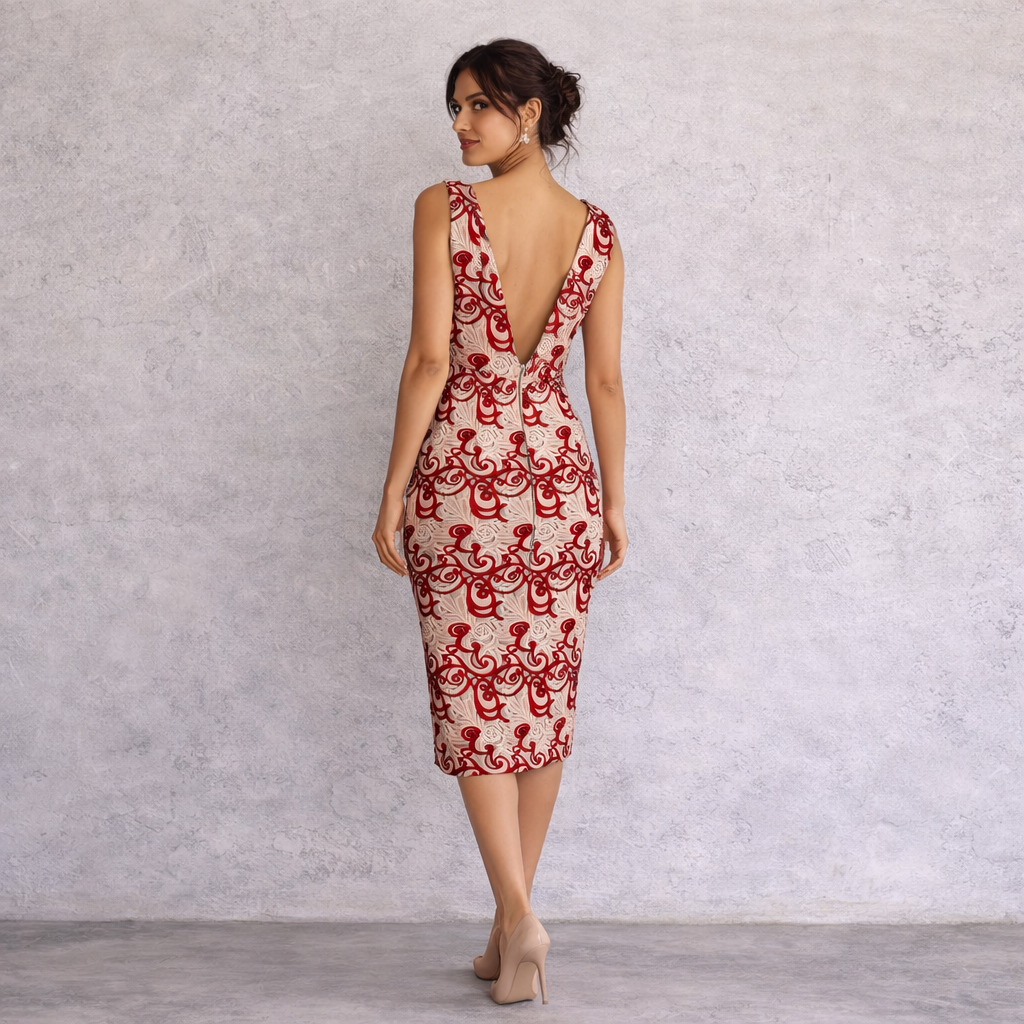 Alice + Olivia Red Ivory V Back Occasion Dress UK 14