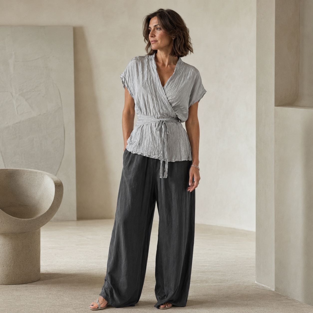 OSKA Pale Silver Grey Crinkled Silk Wrap Blouse Size 1 UK 8–10