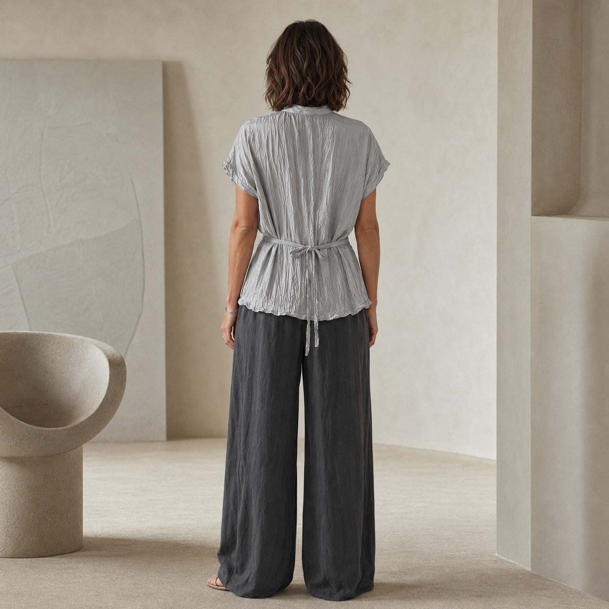 OSKA Pale Silver Grey Crinkled Silk Wrap Blouse Size 1 UK 8–10