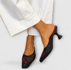Nine West Black Silk Beaded Square Toe Mules UK 5