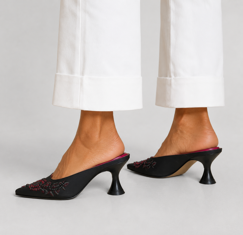 Nine West Black Silk Beaded Square Toe Mules UK 5