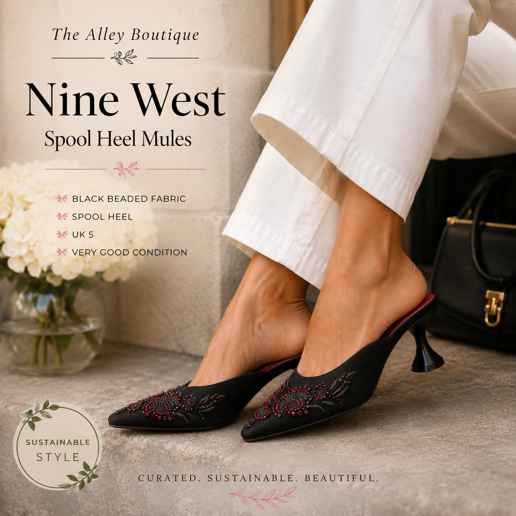 Nine West Black Silk Beaded Square Toe Mules UK 5