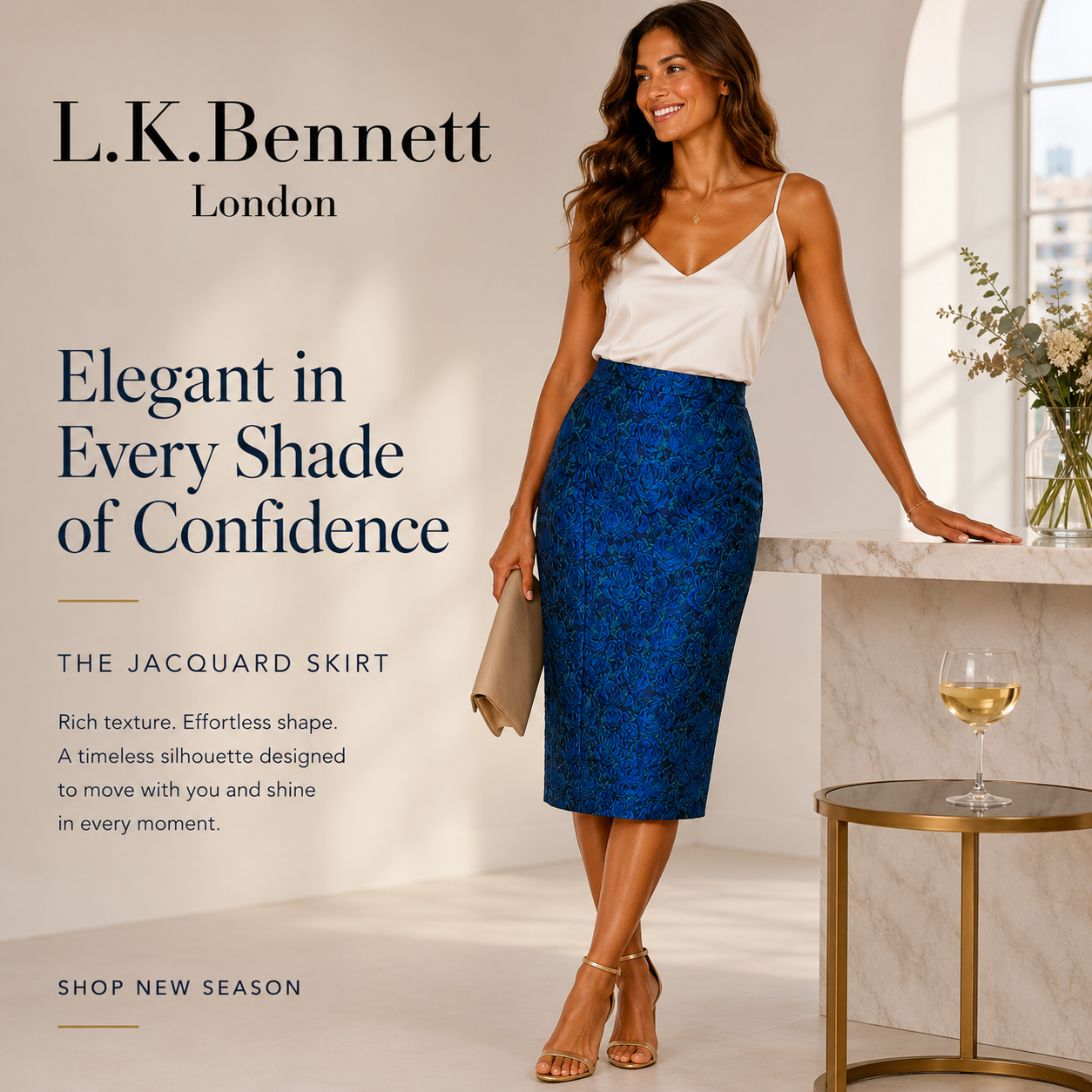 L.K. Bennett Blue Green Jacquard Midi Pencil Skirt UK 10
