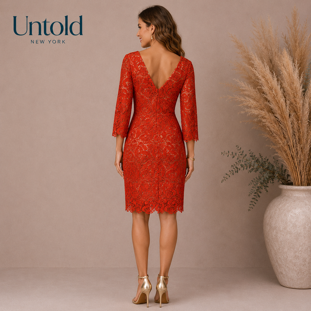 Untold Orange Floral Lace Pencil V Back Dress UK 12