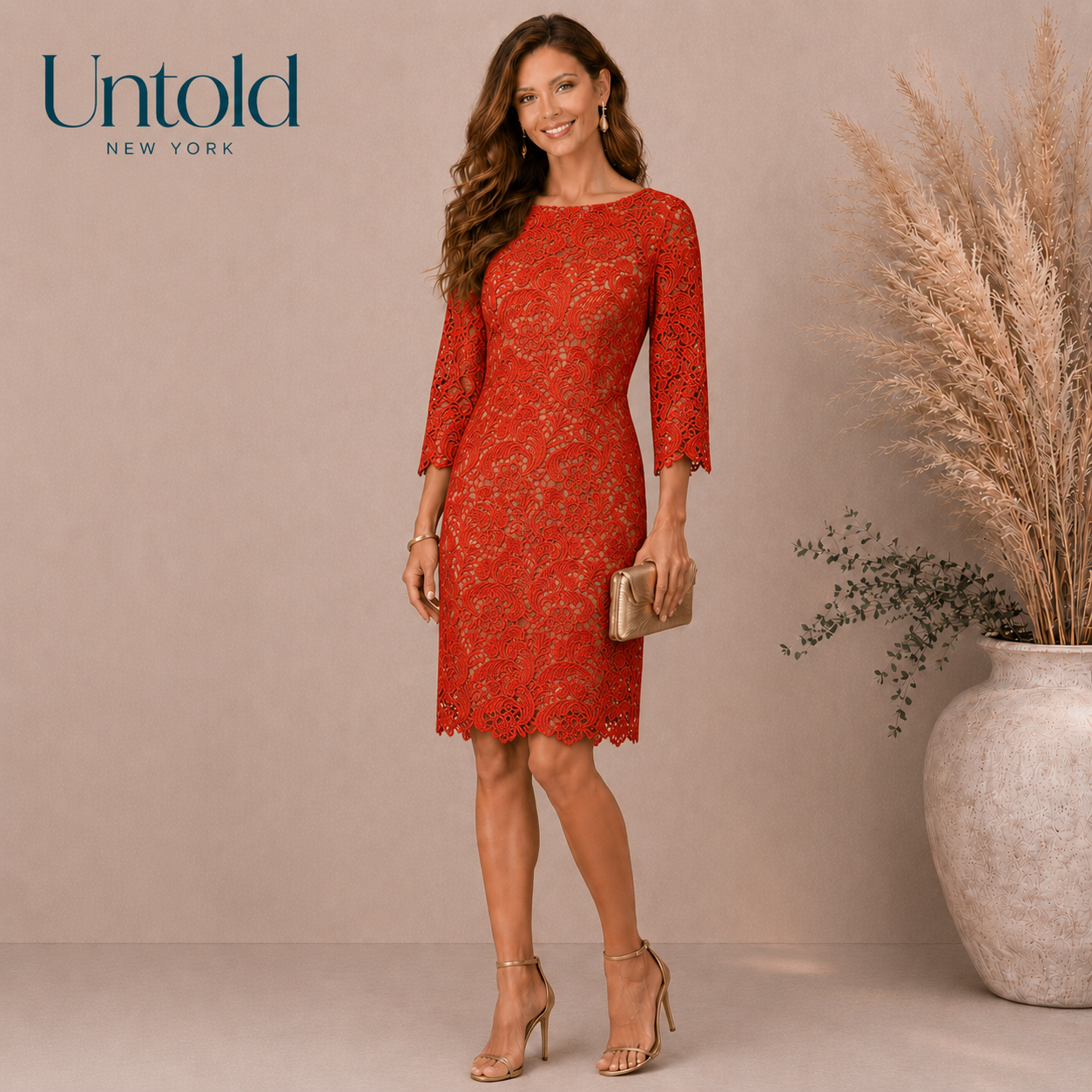 Untold Orange Floral Lace Pencil V Back Dress UK 12