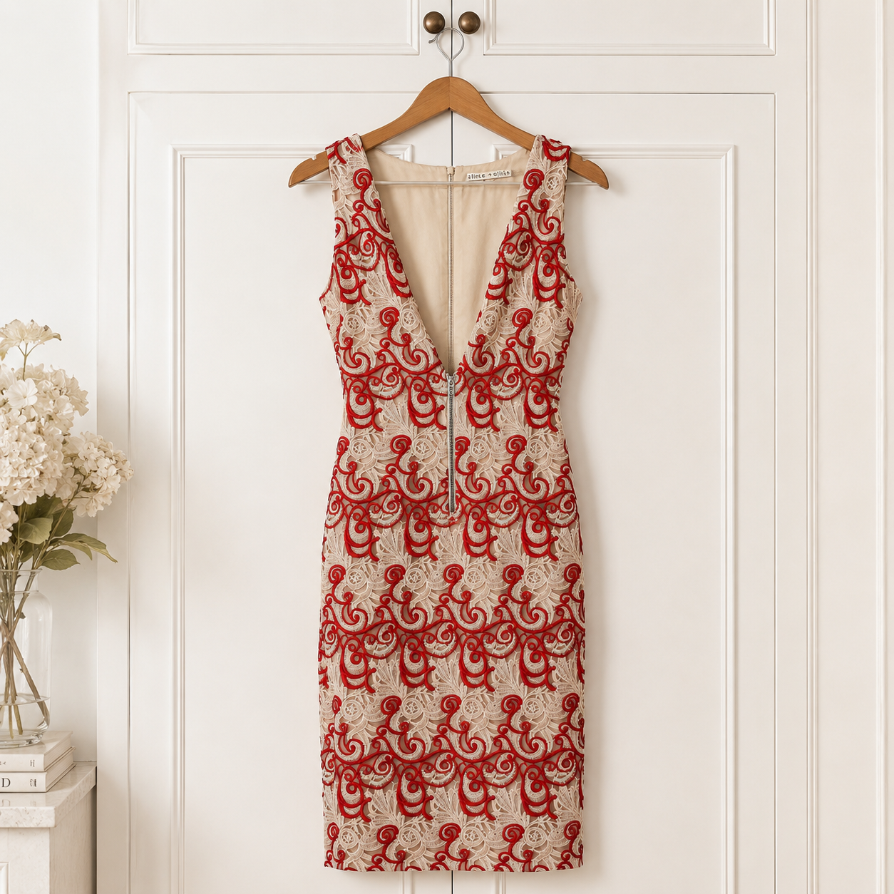 Alice + Olivia Red Ivory V Back Occasion Dress UK 14