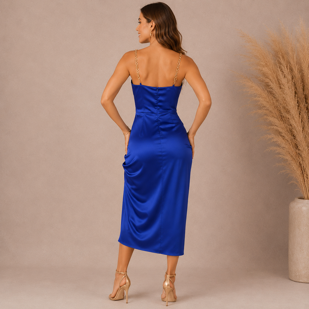 Quiz Royal Blue Slinky Gold Chain Straps Ruched Party Dress  UK 8