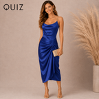 Quiz Royal Blue Slinky Gold Chain Straps Ruched Party Dress  UK 8