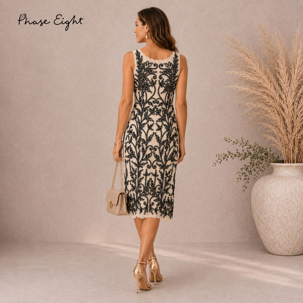 Phase Eight Vintage Black & Cream Tapework Dress UK 8