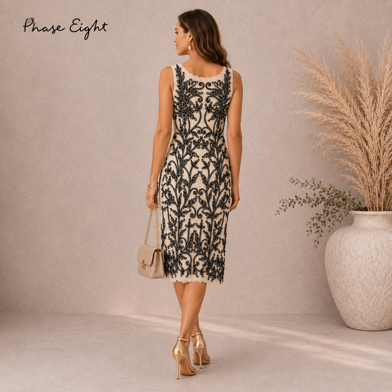 Phase Eight Vintage Black & Cream Tapework Dress UK 8