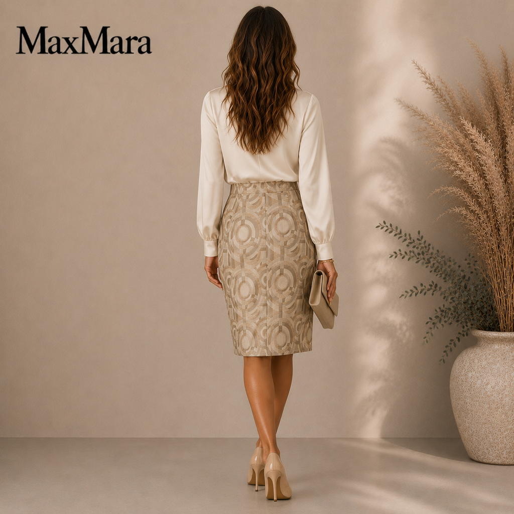 Max Mara Ecru Rose Gold Jacquard Geometric Skirt UK 8/10