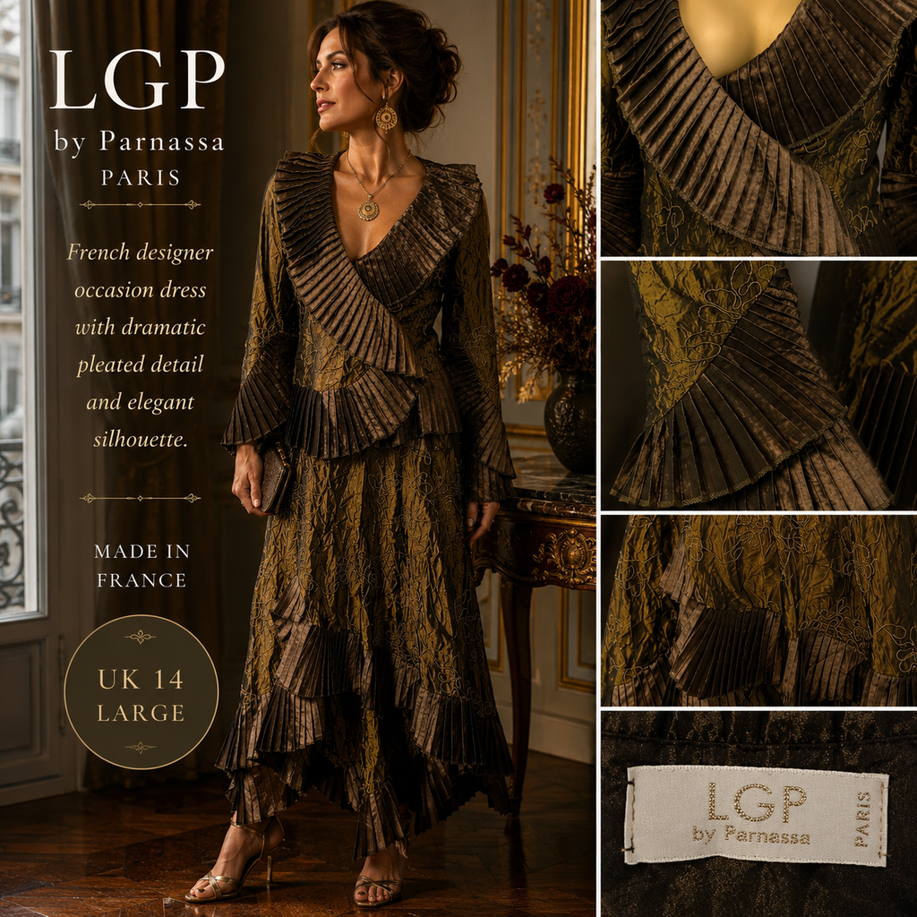 LGP Parnassa Vintage Metallic Olive Green Taffeta Pleated Skirt Suit UK 14