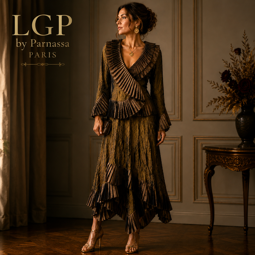 LGP Parnassa Vintage Metallic Olive Green Taffeta Pleated Skirt Suit UK 14