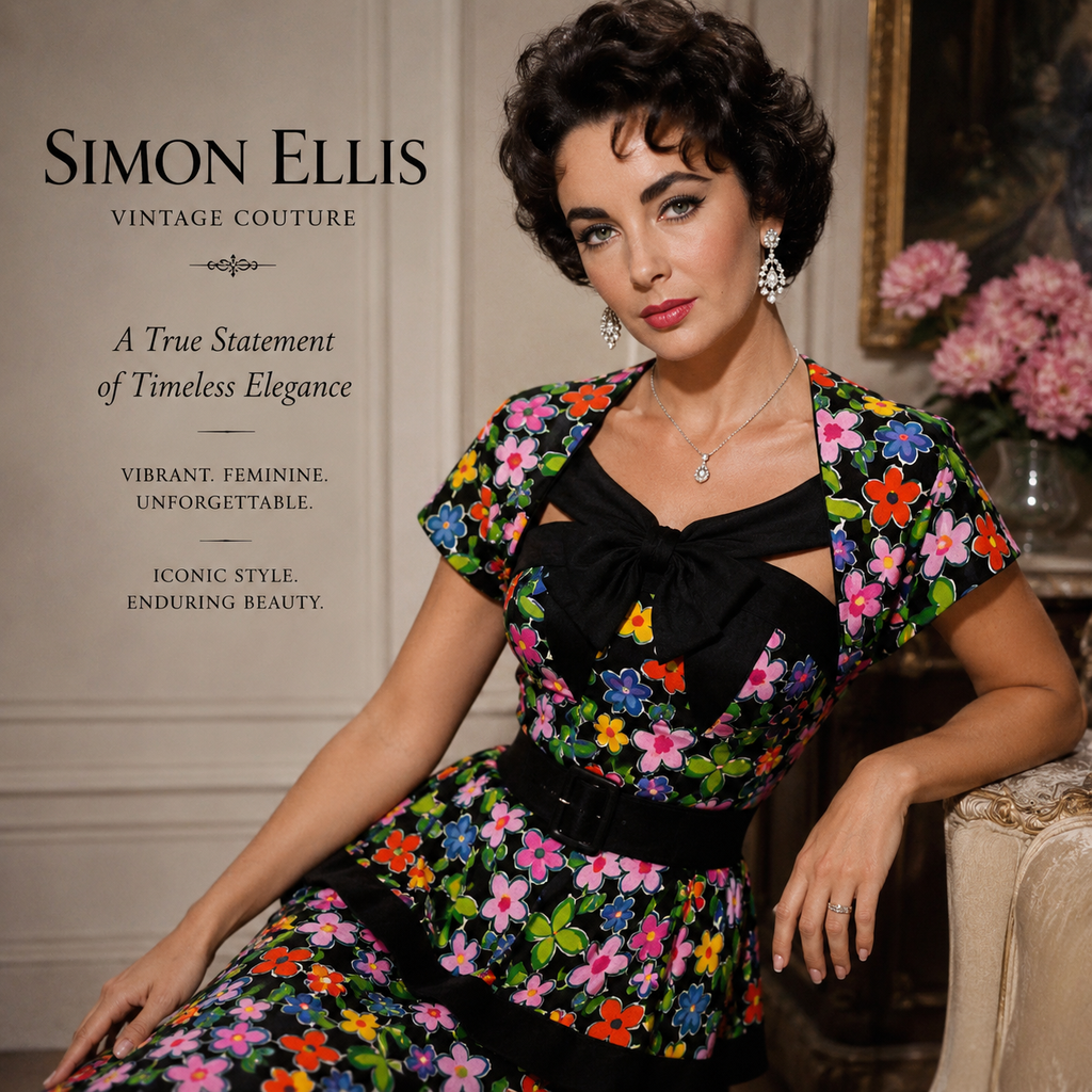 Simon Ellis Vintage Floral Dress Matching Hat 1980s  UK 10