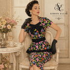 Simon Ellis Vintage Floral Dress Matching Hat 1980s  UK 10