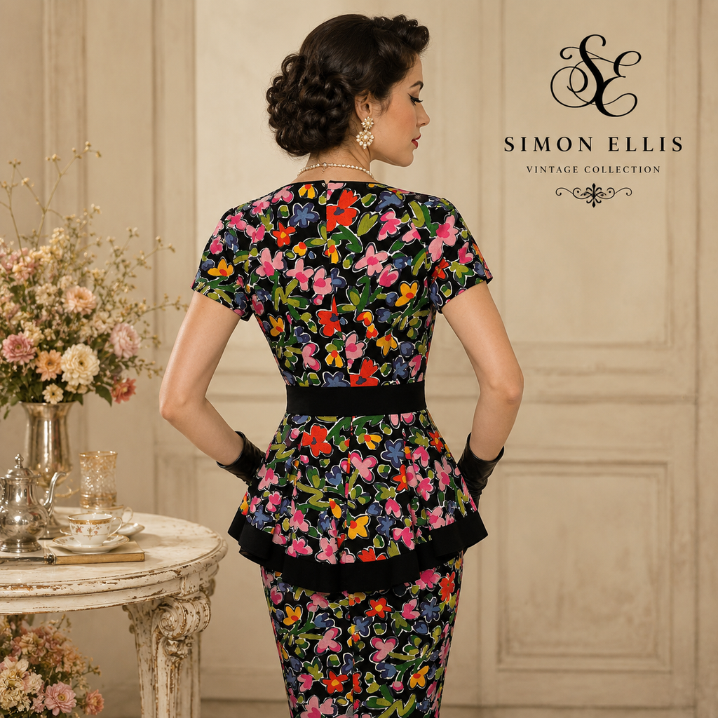 Simon Ellis Vintage Floral Dress Matching Hat 1980s  UK 10