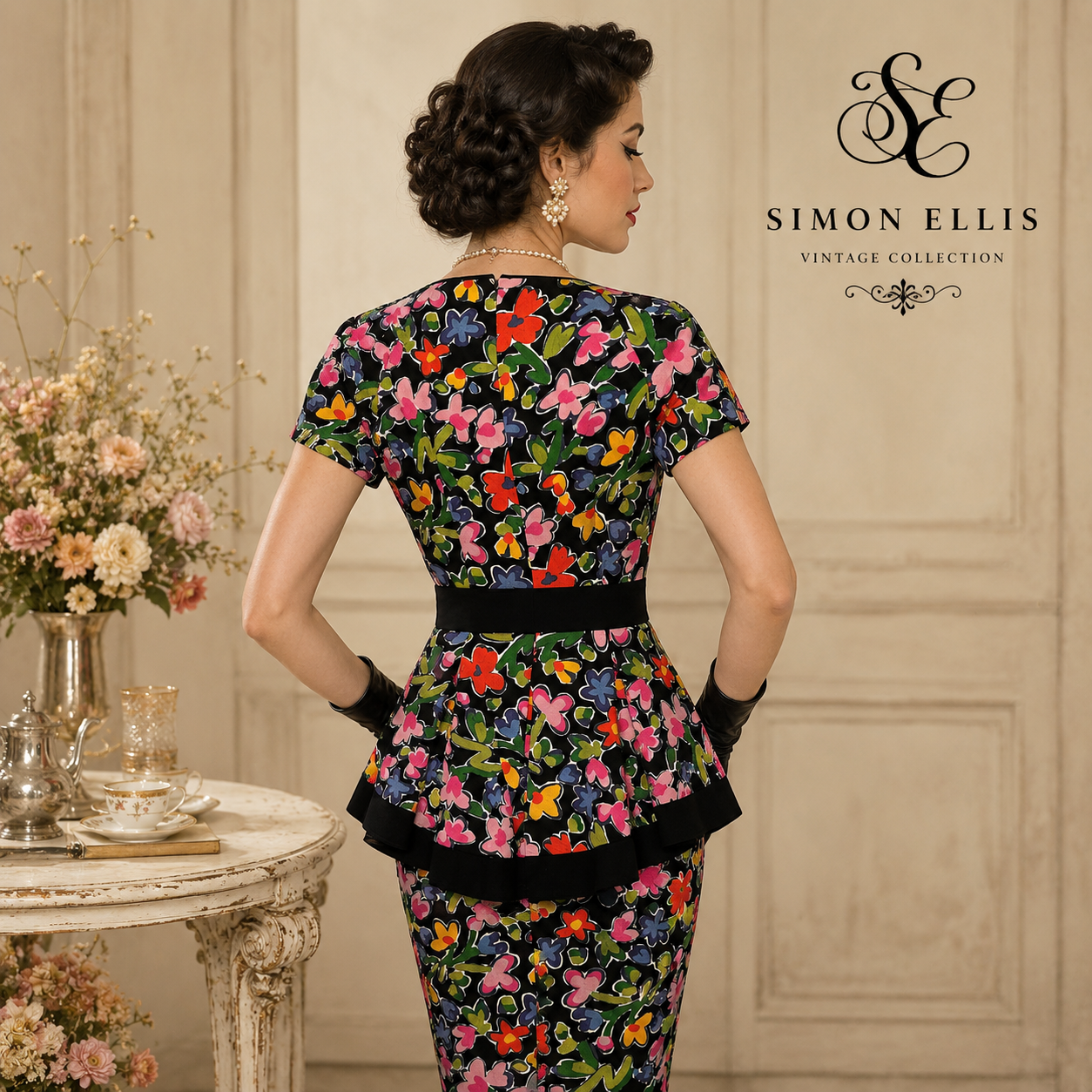 Simon Ellis Vintage Floral Dress Matching Hat 1980s  UK 10