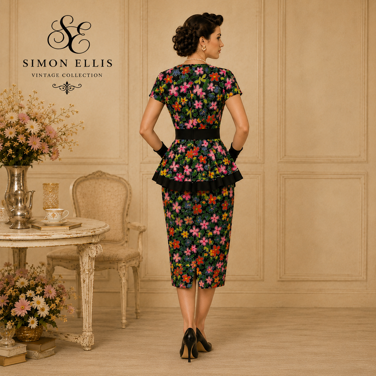Simon Ellis Vintage Floral Dress Matching Hat 1980s  UK 10