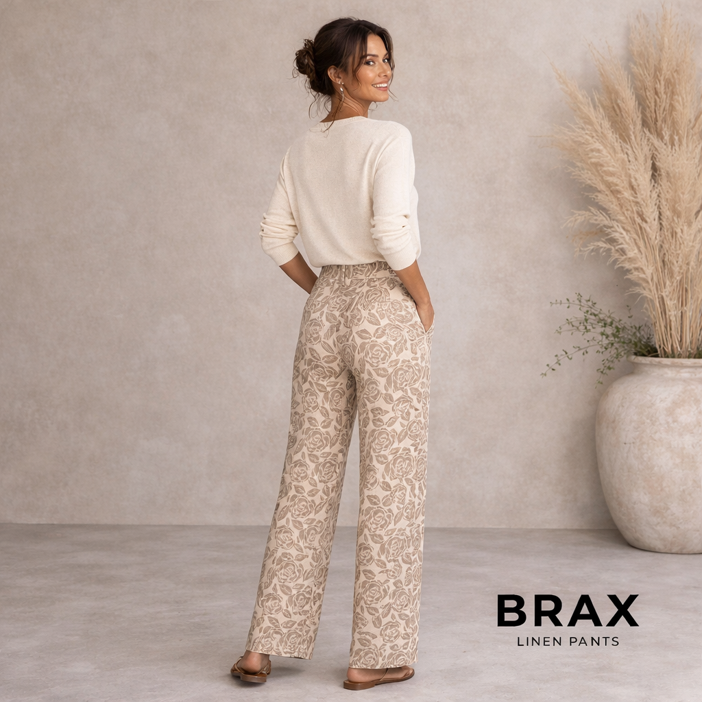 Brax Linen Ivory Taupe Floral Linen Trousers UK 10R