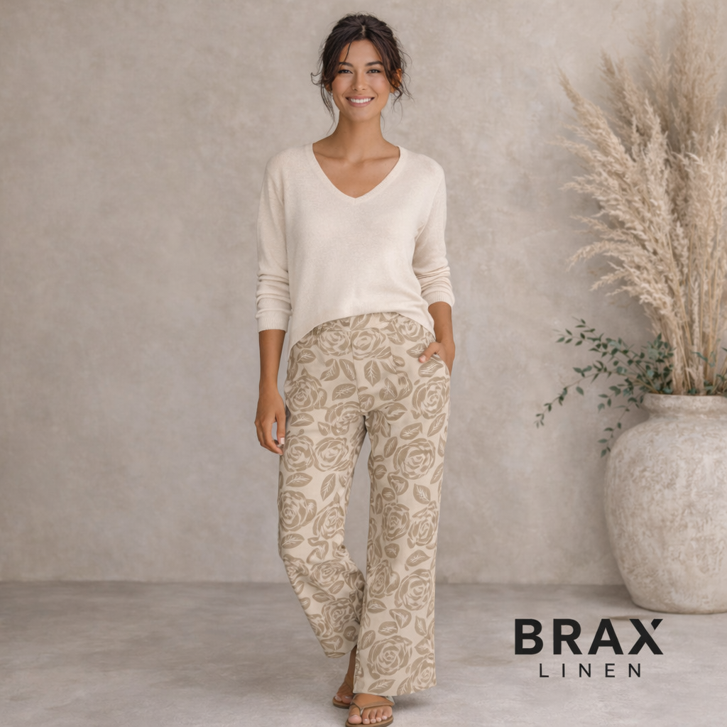 Brax Linen Ivory Taupe Floral Linen Trousers UK 10R