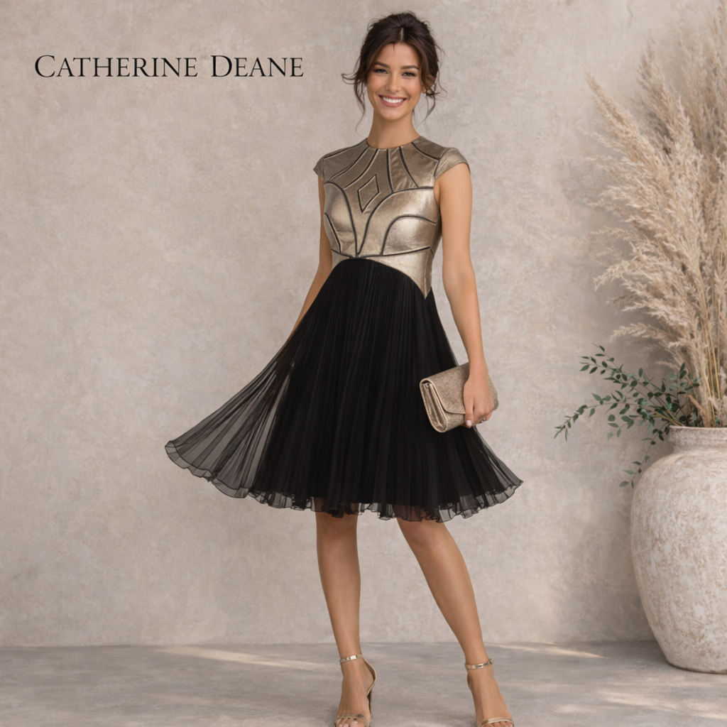 Catherine Deane Vintage Gold Leather Black Chiffon Pleated Dress UK 14