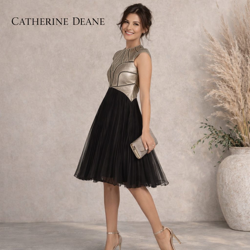 Catherine Deane Vintage Gold Leather Black Chiffon Pleated Dress UK 14