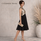 Catherine Deane Vintage Gold Leather Black Chiffon Pleated Dress UK 14