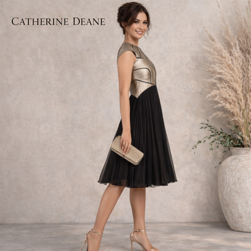 Catherine Deane Vintage Gold Leather Black Chiffon Pleated Dress UK 14